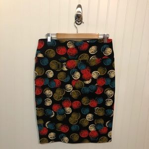LuLaRoe Pencil Skirt in Black with Red, Blue, Yellow & Cream Dot Print